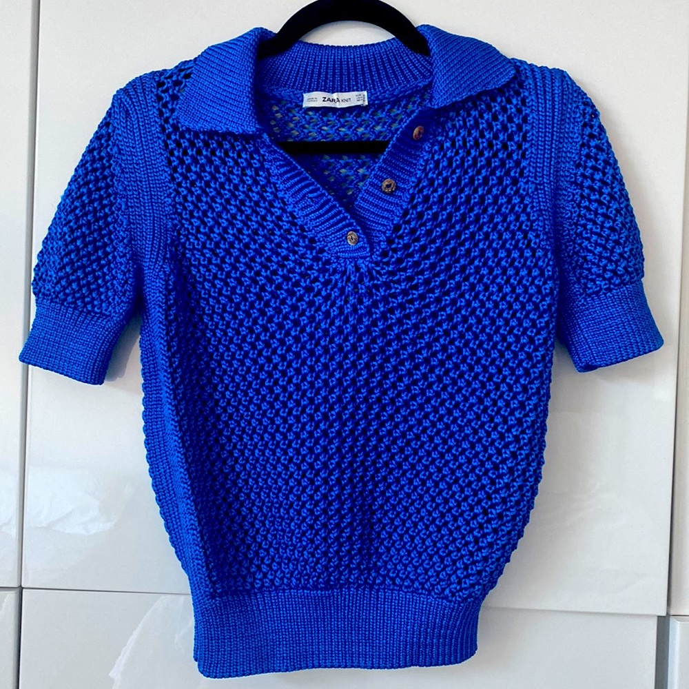 Zara Knit Polo Style Sheer Blue Top -Small